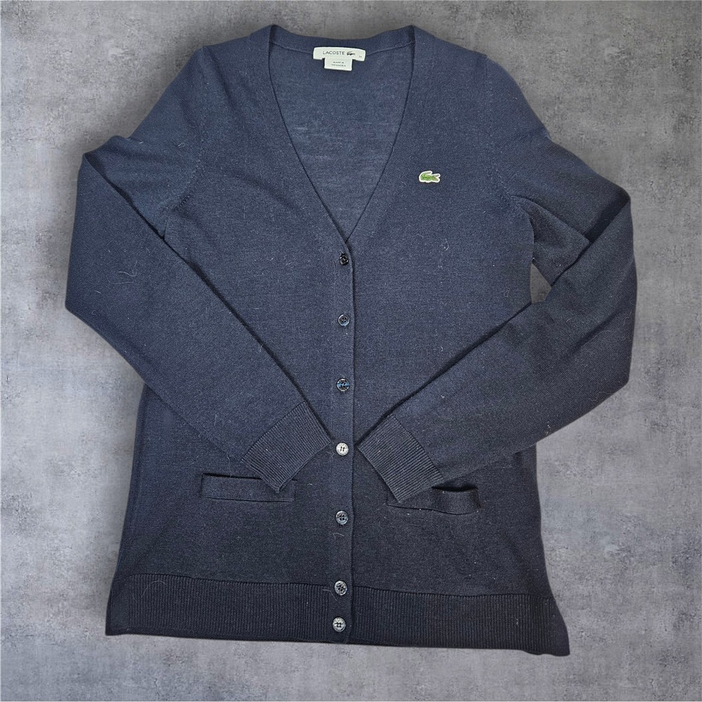 Lacoste Merino Wool Cardigan Navy Blue V-Neck Button Front Pockets Women 34 A55